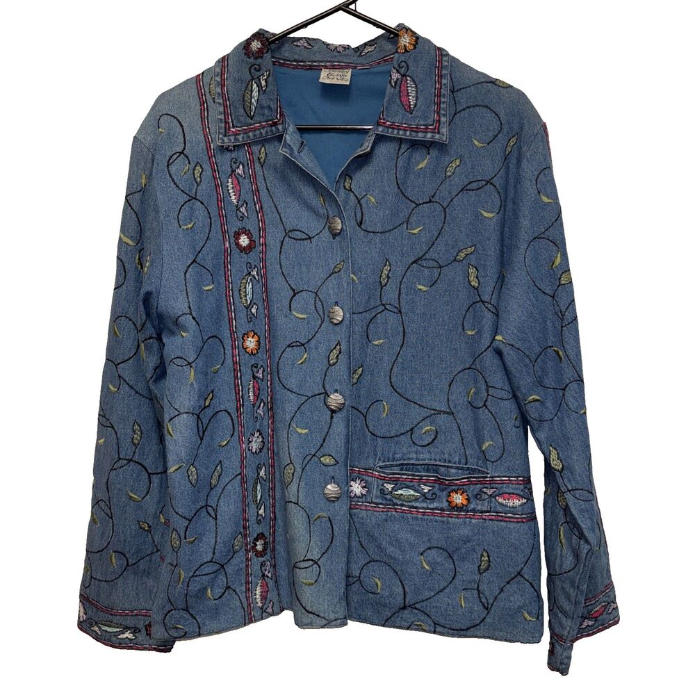 Parsley & Sage Embroidered Denim Women Jean Jacket Cottagecore M Buttons Lined
